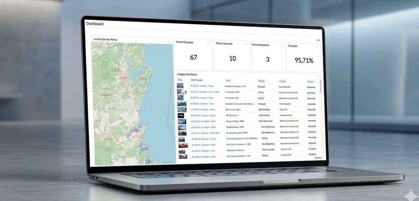 Painel da Aiooh com o mapa dos pontos e a listagem de faces por região, cidade e status